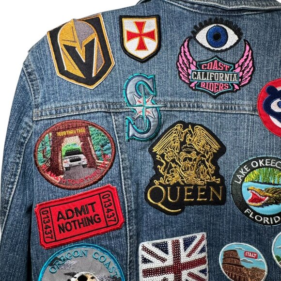 Denim Jacket Patches Route 66 Queen Band Travel USA Rock Boho Trucker Sz L - Picture 9 of 16